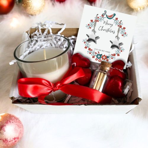 Silver Star Christmas Gift Hamper: Earrings, Candle & Chocolates Delight