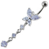 Chic Jeweled Long Tail Flower Belly Ring - 316L Surgical Steel & Sterling Silver