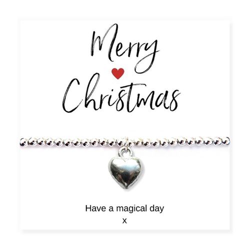 Charming Silver Heart Bracelet with Merry Christmas Card - Perfect Gift!