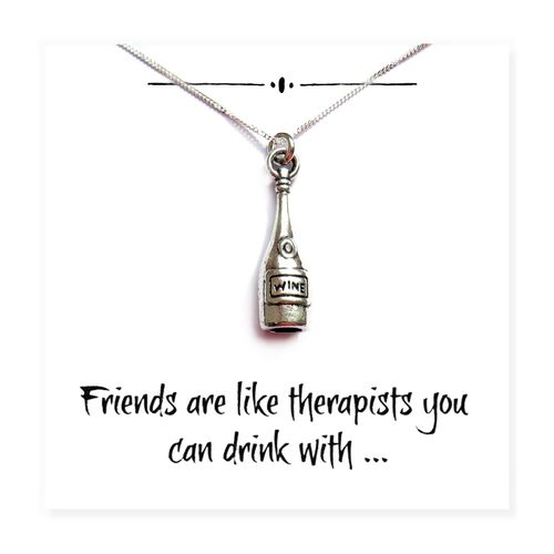 Friends Funny Wine Bottle Charm Necklace on Message Card