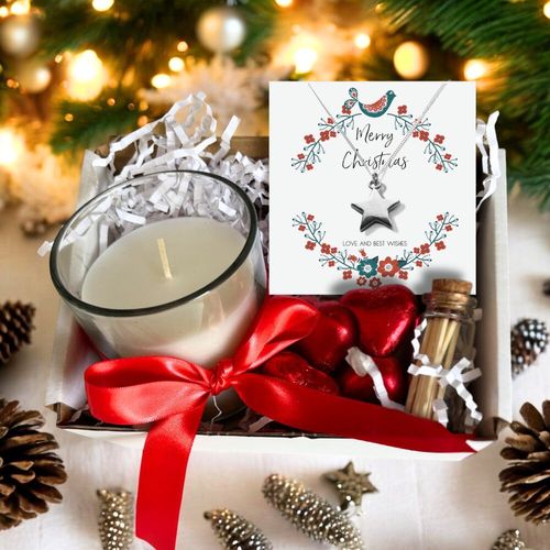 Starry Christmas Joy Gift Hamper: Silver Necklace, Candles & Chocolates