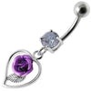 Elegantly Jeweled Rose Heart Belly Ring - 316L Surgical Steel & Sterling Silver