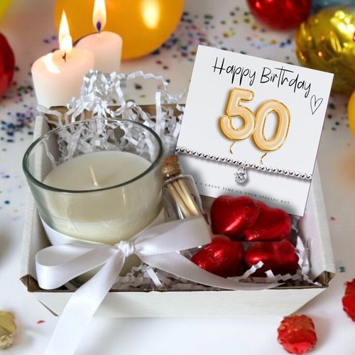 Charming 50th Birthday Gift Hamper: Gold Balloons, Bracelet, Chocolates & Candle