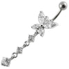 Chic Jeweled Long Tail Flower Belly Ring - 316L Surgical Steel & Sterling Silver