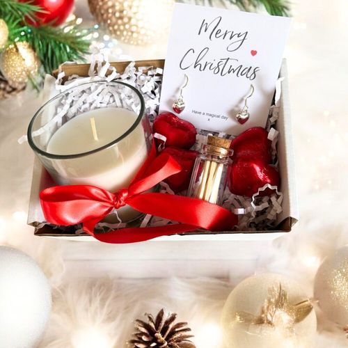 Charming Mini Christmas Gift Hamper: Heart Earrings, Candle & Chocolates!