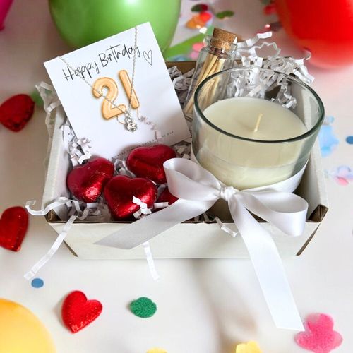 Charming 21st Birthday Gift Hamper: Necklace, Chocolates & Candle Delight