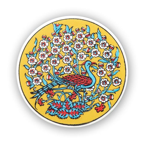 Exclusive Peacock Yellow Ceramic Coaster – Handcrafted Elegance for Your Home