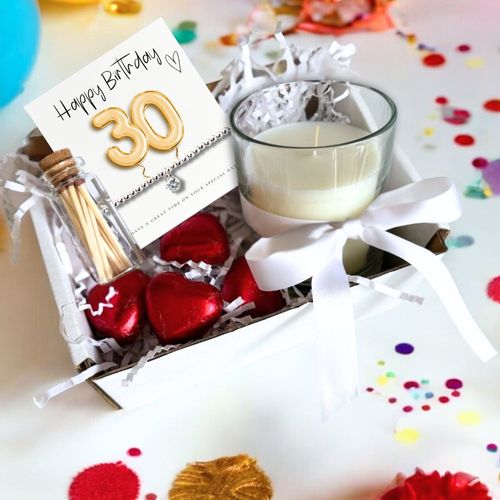 30th Birthday Gold Balloons Gift Hamper: Bracelet, Scented Candle & Chocolates