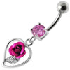 Elegantly Jeweled Rose Heart Belly Ring - 316L Surgical Steel & Sterling Silver