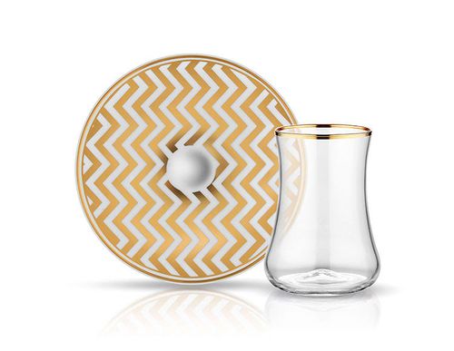 Chic Mat Gold Dervish Zigzag Tea Glass & Saucer Set - Trendy Elegance!