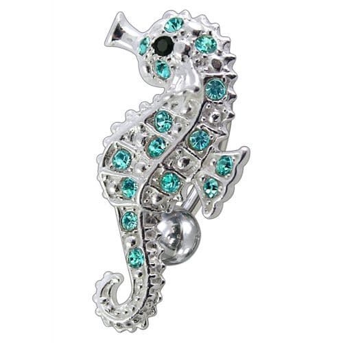 Stunning Jeweled Reverse Dangling Sea Horse Belly Ring - 14g Surgical Steel