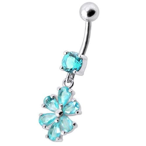 Trendy Jeweled Flower Belly Ring - Elegant Silver & Surgical Steel Design