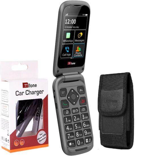 Bundle offer for TTfone TT970 4G WhatsApp Flip Big Button Senior Mobile with Nylon Holster Case (TTCB9) and Car Charger (TTCC), Three SIM Network