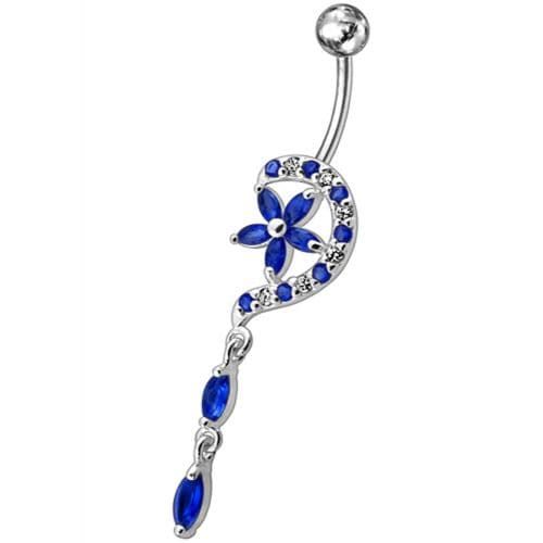 Sparkling Silver Jeweled Flower Belly Ring - Trendy 14g Long Tail Design