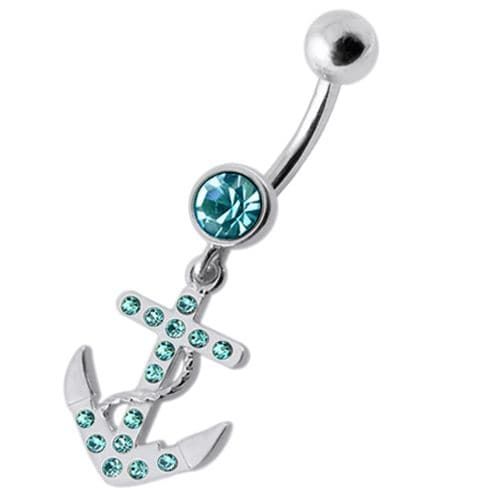 Trendy Jeweled Anchor Belly Ring - Stylish 14g Sterling Silver Design