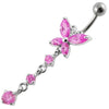 Chic Jeweled Long Tail Flower Belly Ring - 316L Surgical Steel & Sterling Silver