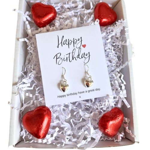 Charming Birthday Mini Hamper: Silver Heart Earrings & Chocolate Delights