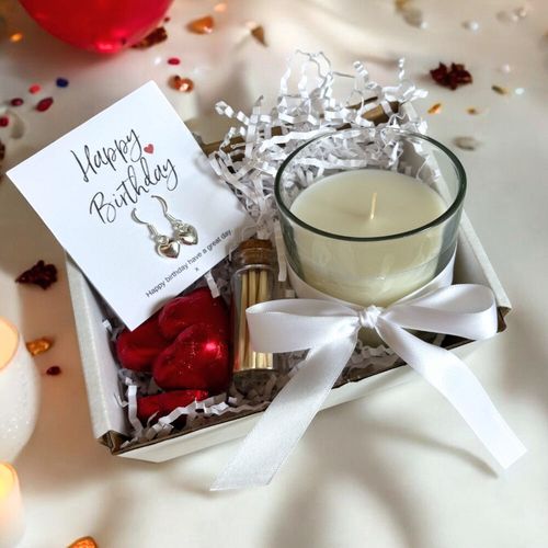 Charming Birthday Gift Set: Silver Heart Earrings, Candles & Chocolates Delight!