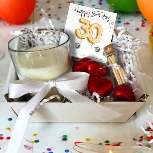 Sparkling 30th Birthday Gift Set: Gold Balloons, Earrings, Chocolates & Candle